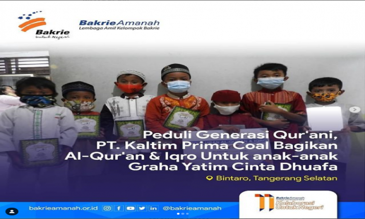 Peduli Generasi Qur'ani, PT Kaltim Prima Coal Bagikan Al-Qur'an dan Iqro untuk anak-anak Graha Yatim Cinta Dhuafa