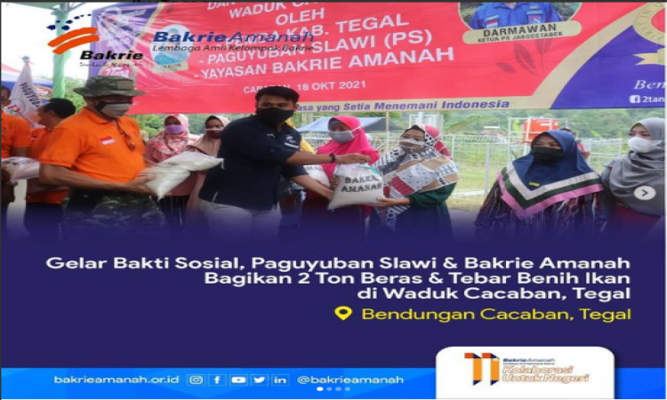 Gelar Bakti Sosial, Paguyuban Slawi &amp; Bakrie Amanah Bagikan 2 Ton Beras &amp; Tebar Benih Ikan di Waduk Cacaban, Tegal